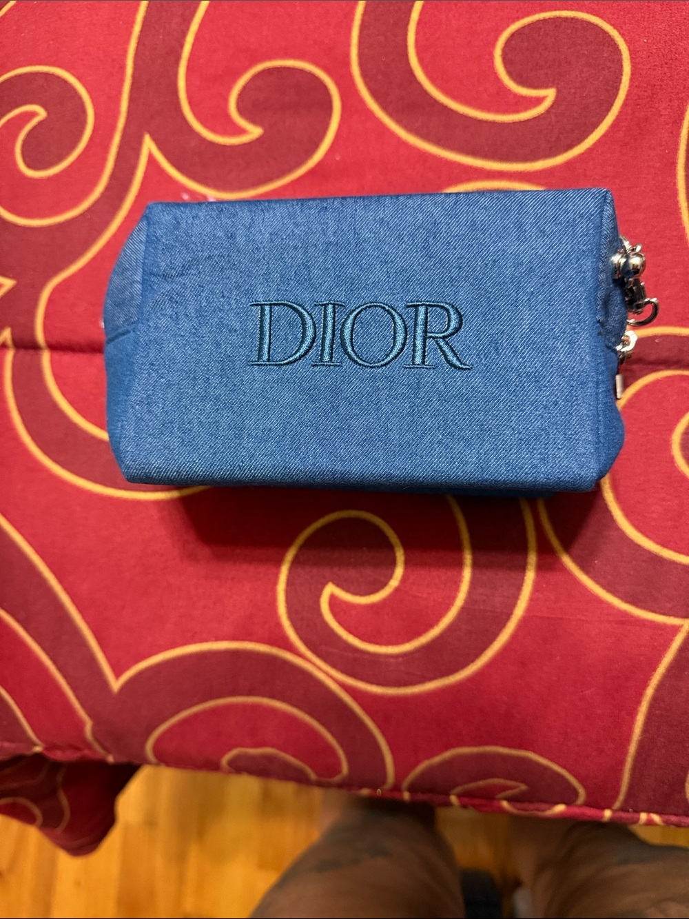 Dior Blue Embroidered Denim Cosmetic Pouch with crossbody chain
